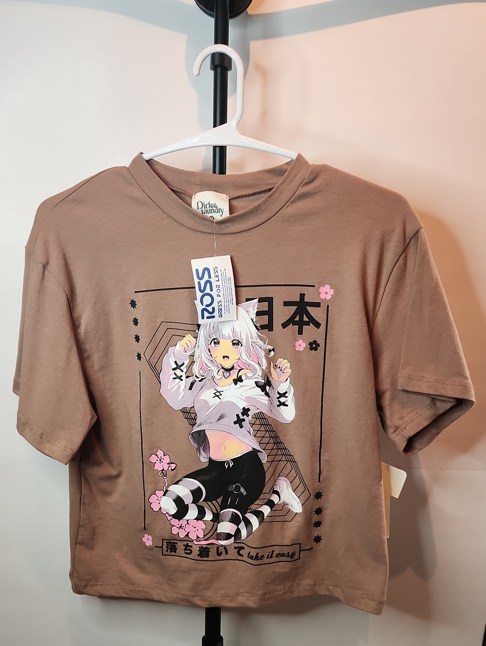 Girls Dirty Laundry Brown Graphic Crop Tee with Pink Accents 0024